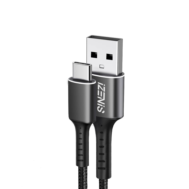 D-01A-21/D-01A-22 IZENIS Data Cable, 2.4A-Braided-Alloy Head-USB A to Type C 1m/2m, balck