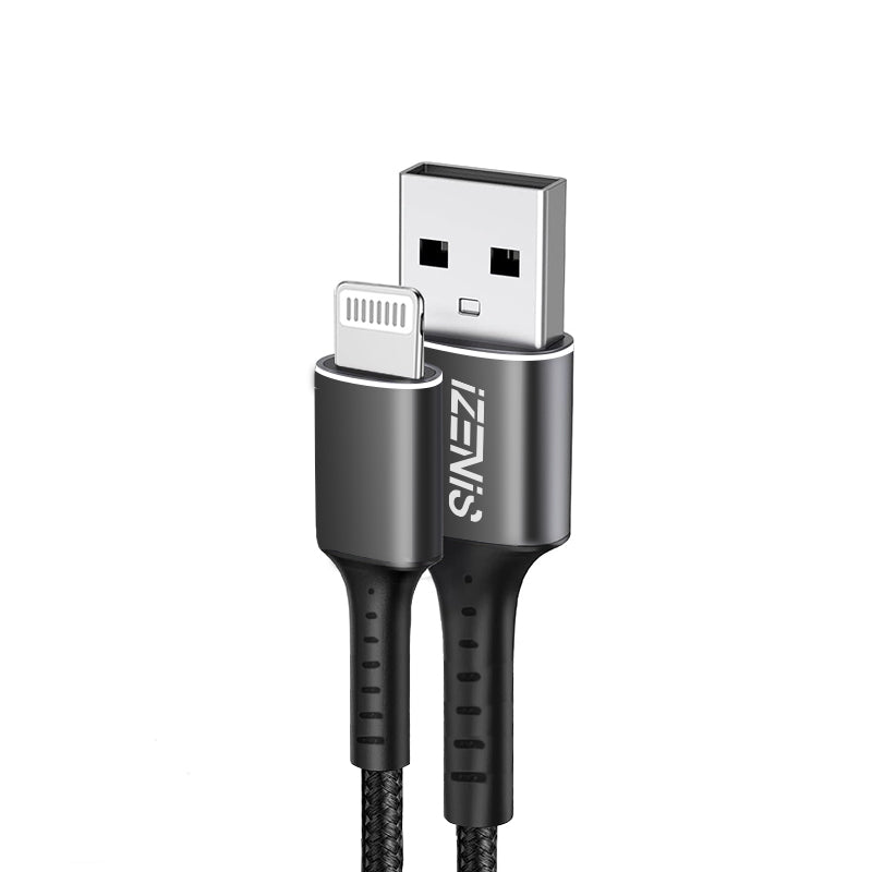 D-01A-31/D-01A-32 IZENIS Data Cable, 2.4A-Braided-Alloy Head-USB A to Lighting 1m/2m, balck