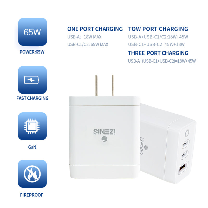 IZENIS P-10G Charger, GaN 65W Fast Charge, Three Ports USB-A + Type-C*2 plug