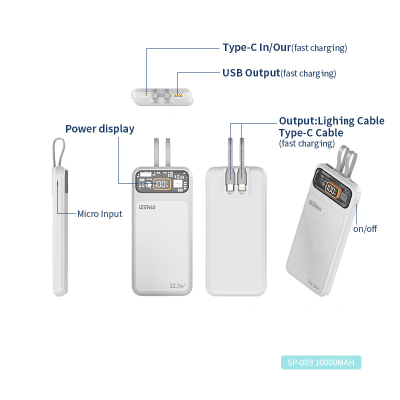 IZENIS SP-003 10000mAh SpeedPower bank,PD20W+QC22.5W PD+QC Fast Charging Power Bank with Data Cable