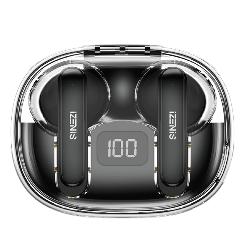 IZENIS izPods F010,Bluetooth5.3 Headphones with ENC Noise Canceling Translucent Earphones,Touch Control and LED Digital Display,Waterproof IPX6